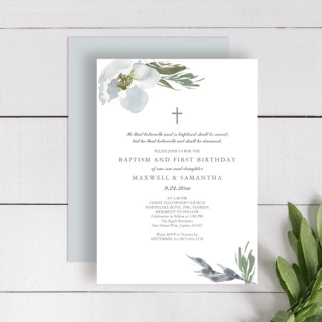 Coola Grått Blommigtar för vattenfärgning Twilling Inbjudningar (baptism invitations with godparents names for twins grey floral botanicals)