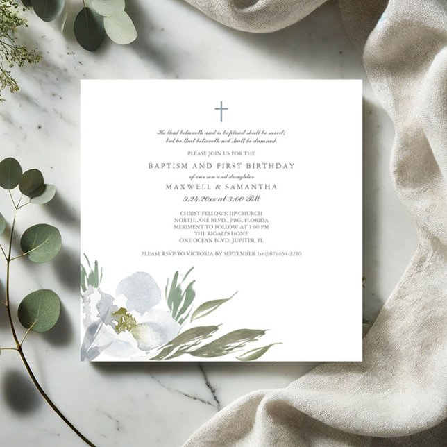 Coola Grått Blommigtar för vattenfärgning Twilling Inbjudningar (Baptism invitations watercolor grey flowers and greenery)