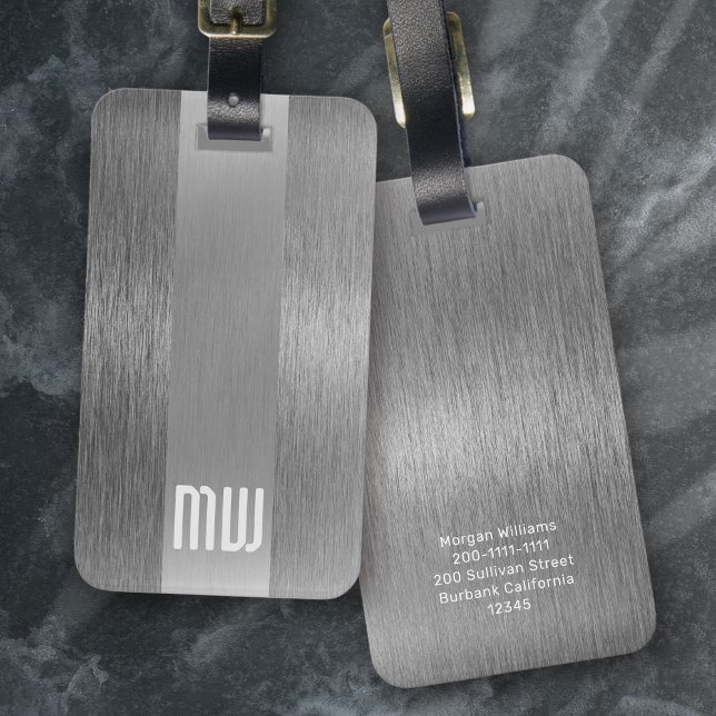Coola Grått Faux Metall Rand, fet Monogram Bagagebricka (Skapare uppladdad)