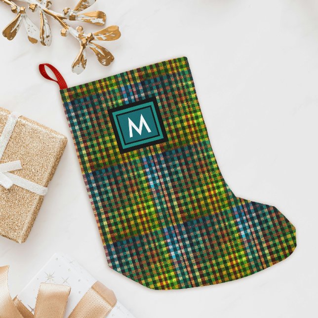 Coola Grönt Tartan Gingham Mönster Black Monogram Liten Julstrumpa (Skapare uppladdad)