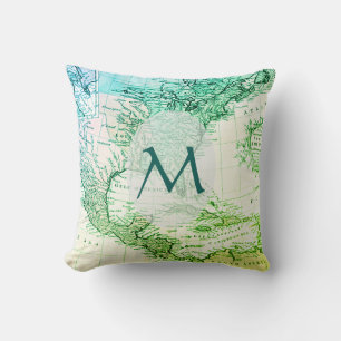 Coola Grönt Vintage Karta i Nordamerika Monogram Kudde