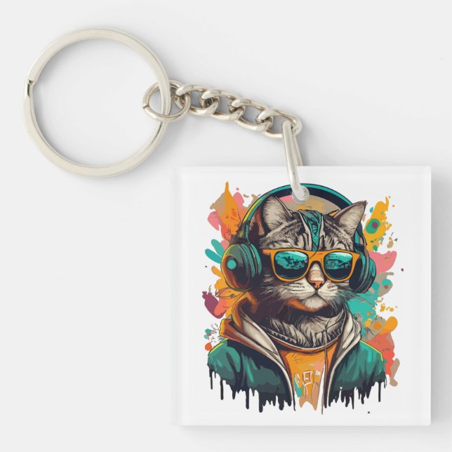 Coola Groovy Cat med hörlurar som lyssnar på musik (Framsidan)