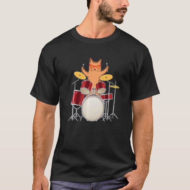 Coola Groovy Hippie Kitty Katt Spelar Trumset I T Shirt (Framsida)