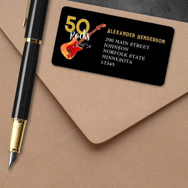 Coola Guitar 50:e Födelsedagsfestens Returadress Adressetikett (50 Rocks cool guitar 50th birthday party return address label black and gold rock and roll theme)