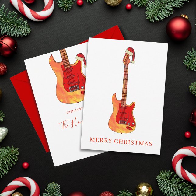 Coola Guitar God jul Julkort (Merry Christmas Cool fire electric guitar wearing a Santa Hat personalized holidays greetings card)