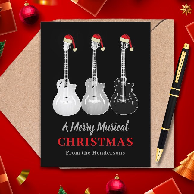Coola Guitar-Personligen God Jul Music Helg Vykort (Christmas guitars black and white guitar wearing santa hat merry musical custom holiday card)