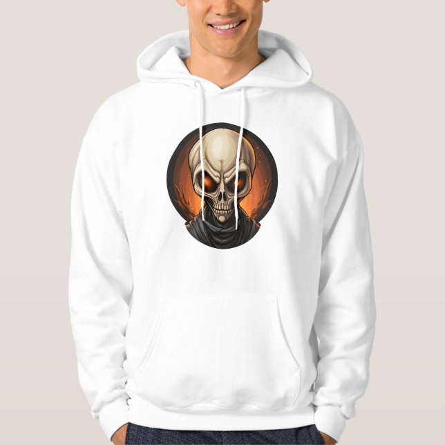 Coola Halloween Creepy Tecknad White Alien Hoodie (Framsida)