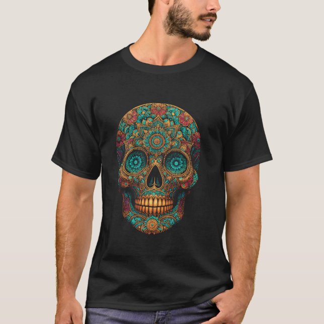 Coola Halloween Skull i Mandala Art Stil Hallowee T Shirt (Framsida)