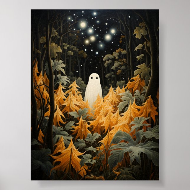 Coola Halloween White Ghost i vackert skog Poster (Framsidan)