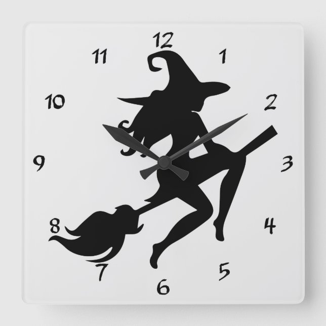 Coola Halloween Witch Riding her Broom Silhouette Fyrkantig Klocka (Framsida)