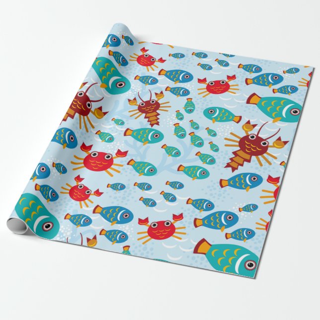Coola Havslevande fisk och krabbblått Presentpapper (Utrullad)