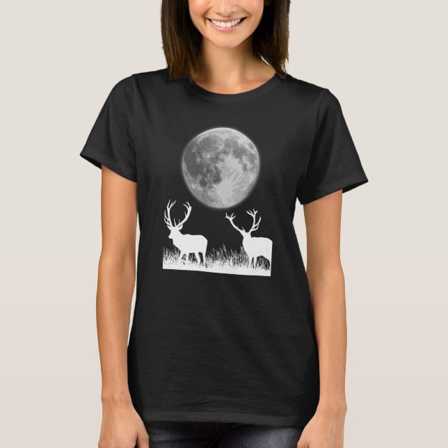 Coola Hjort eller älg under Måne för jägare T Shirt (Framsida)