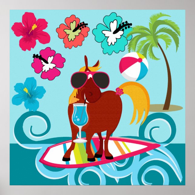 Coola Horse Surfer Roligt  Beach Party Poster (Framsidan)