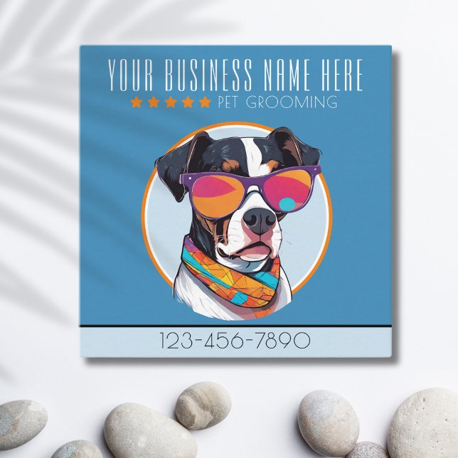 Coola Hund Grooming trendig och snyggt lojalitet Fyrkantigt Visitkort (A business card with some attitude. Cool dog with sunglasses shows your grooming business has style.)