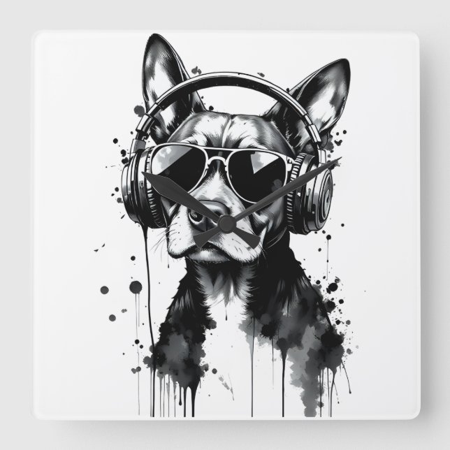 Coola-Hund hörlurar Utspädda husdjur Svart och vit Fyrkantig Klocka (Framsida)