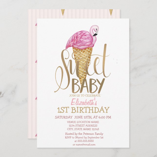 Coola Ice Cream Rosa Flamingo Stripe Birthday Inbjudningar (Fram/baksida)