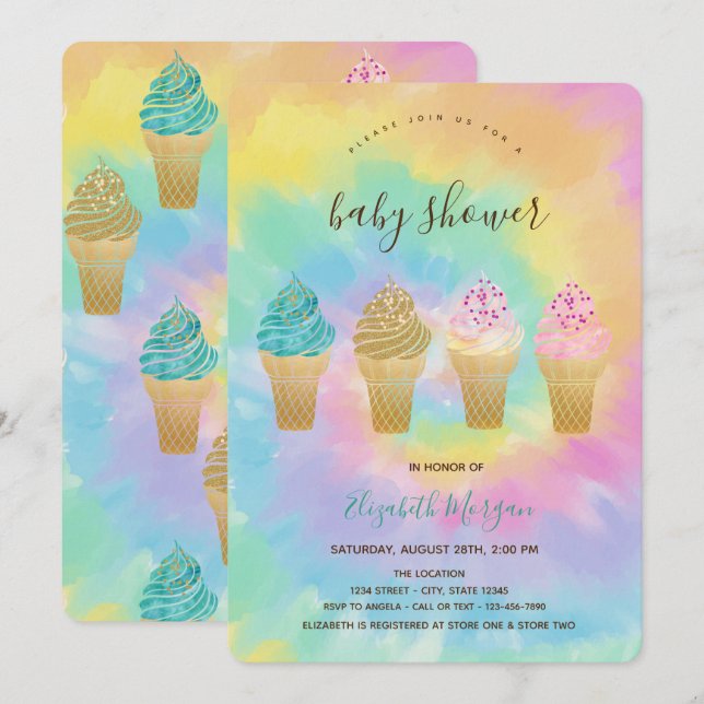 Coola Ice Creams Colorful Tie Dye Baby Shower Inbjudningar (Fram/baksida)