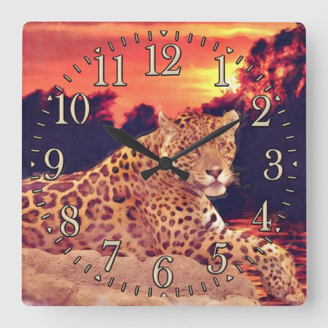 Coola Jaguar vid Tikal Big Cat Wildlife Wall Clock Fyrkantig Klocka (Framsida)