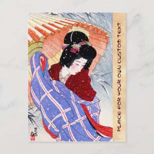 Coola japanese dam geisha parbrella snö vintertid vykort