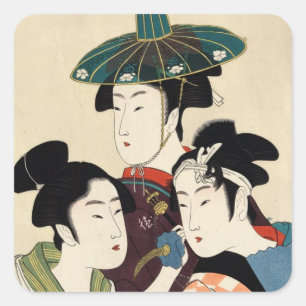 Coola japanese vintage ukiyo-e trio dam geisha art fyrkantigt klistermärke