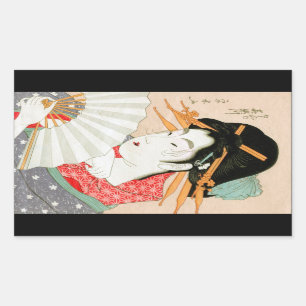 Coola japanese woodprint geisha med fläkt art rektangulärt klistermärke