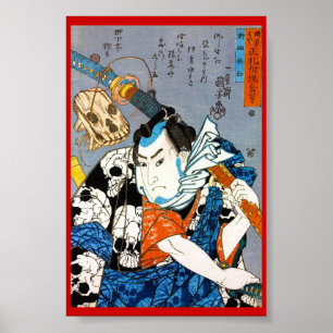 Coola japansk krigare, hjälte samurai, skallkonst poster