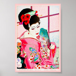 Coola japansk skönhet Dam Geisha rosa Fläkt art Poster