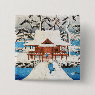 Coola japansk vintage ukiyo-e sjö shrine snö knapp
