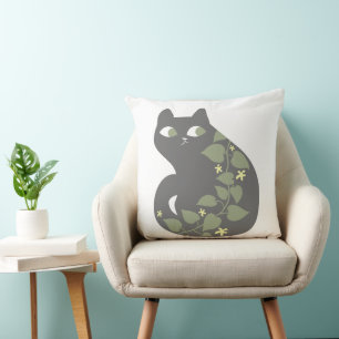 Coola Katt Grönt Gula blommor Löv Retro Pillow Kudde