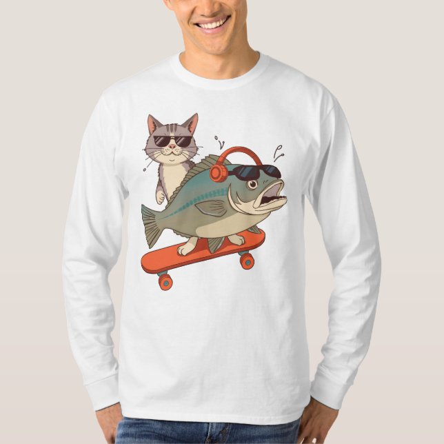 Coola Katt och kartong på skateboard T Shirt (Framsida)