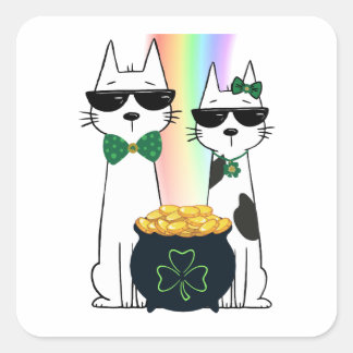 Coola katter med gryta full av guld fyrkantigt klistermärke