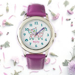 Coola Kattunge Rosa Namn Kids Armbandsur<br><div class="desc">Coola kattunge-designen på handdatorn vakar för barn. Den här katten är vit med tårblommor, blåblommor och rosa och har en klingande utformning. Den vita ansikte för klockan har fet teal nummer som skapar barnen att se sig lätta att läsa. Nu kan du också lägga till ett namn som bonus för...</div>