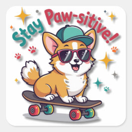 Coola Kawaii Corgi på Skateboard Fyrkantigt Klistermärke