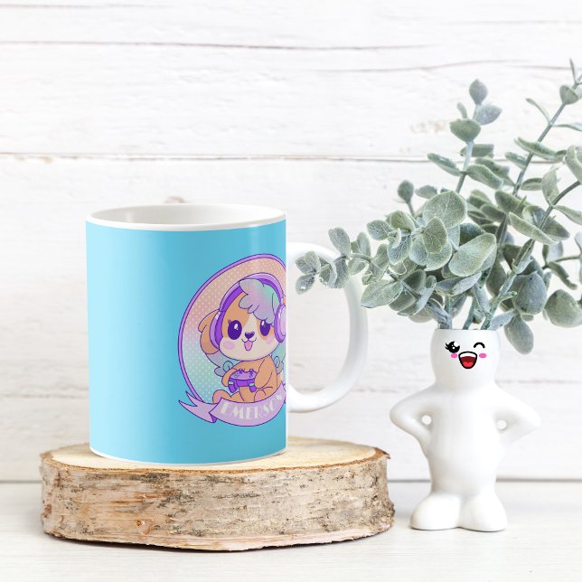 Coola Kawaii Gamer Girl Hund Baby blue med Namn Kaffemugg (Skapare uppladdad)