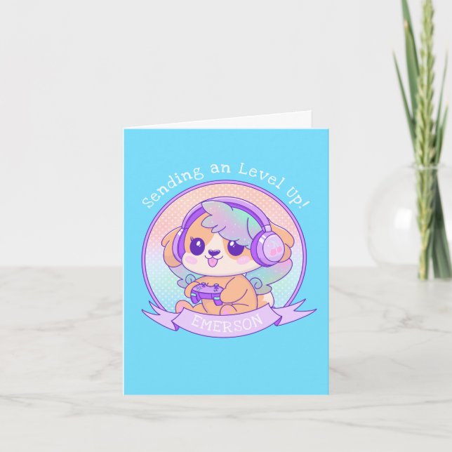 Coola Kawaii Gamer Girl Hund Birthday Önskemål i B Anteckningskort (Framsida)