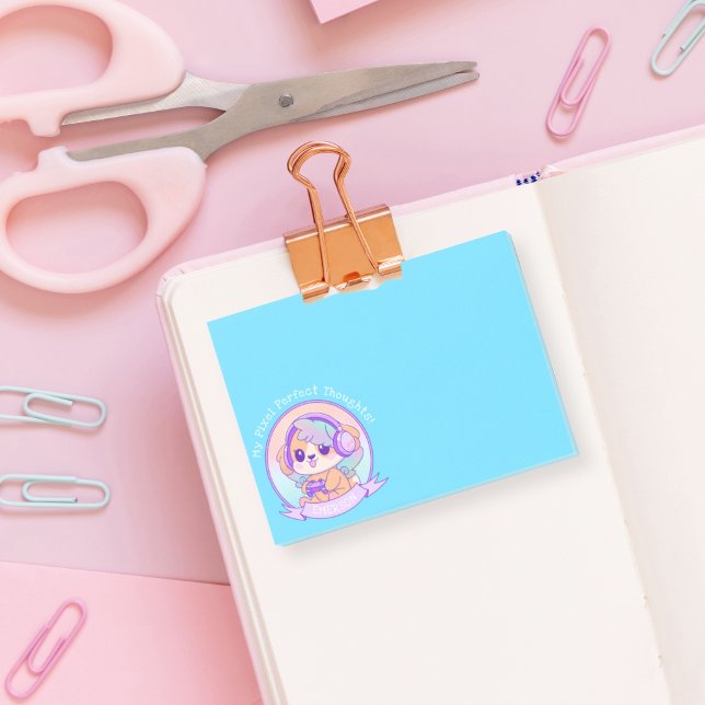 Coola Kawaii Gamer Girl Hund in Baby blue Post-it Block (Skapare uppladdad)