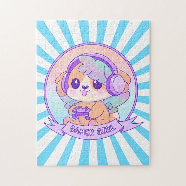 Coola Kawaii Gamer Girl Hund in Starburst Blue Pussel (Vertikal)