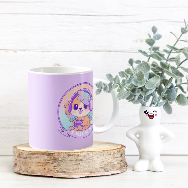 Coola Kawaii Gamer Girl Hund Lila med Namn Kaffemugg (Skapare uppladdad)