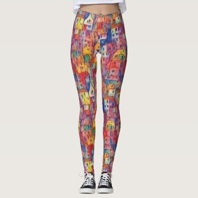 Coola Konstnärliga Färgrika Stadshus Vattenfärg Mö Leggings (Framsida)