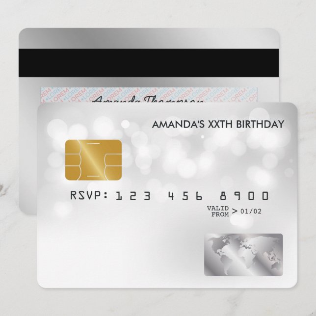 Coola Kredit Card-Födelsedagsfest Inbjudningar (Fram/baksida)
