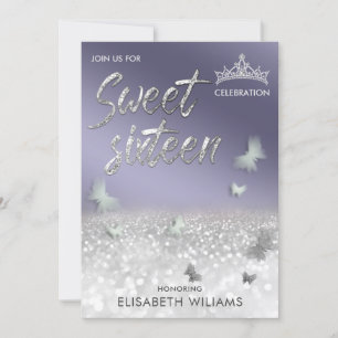 Coola lavender silver glitter tiara butterfly inbjudningar