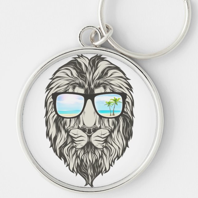 Coola Lejon med sommarsolglasögon Hoodie Rund Silverfärgad Nyckelring (Framsidan)