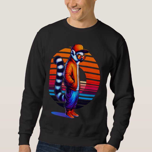Coola Lemur Modern Urban Stil Sunset Retro Art Lång Ärmad Tröja (Framsida)