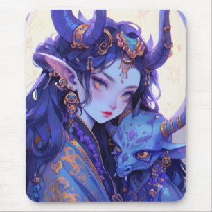 Coola Lila och Guld Horned Elf Anime Girl Musmatta