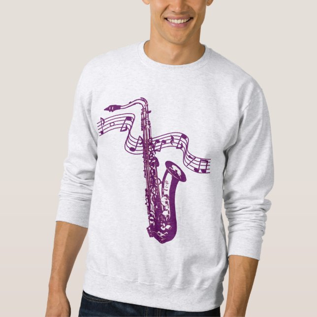 Coola Lila Saxophone och notes -Shirt Lång Ärmad Tröja (Framsida)