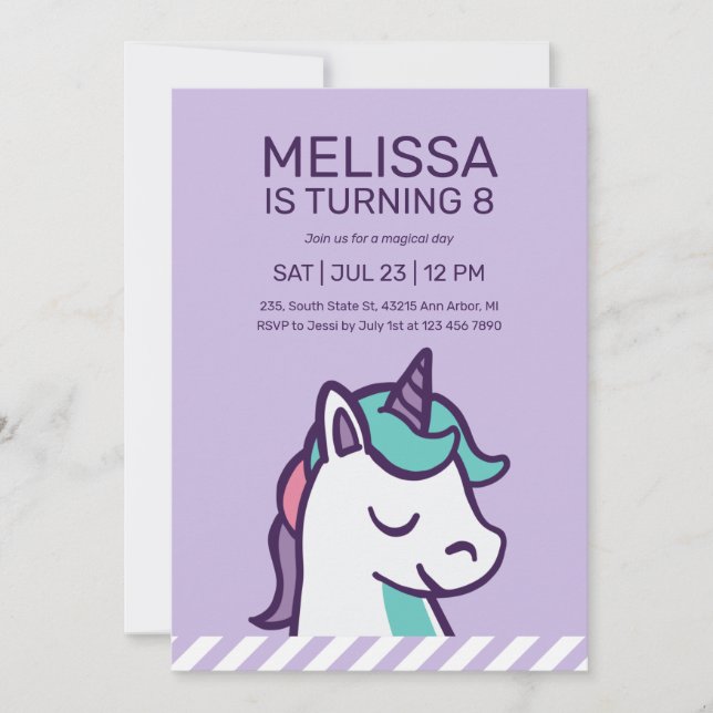 Coola Lila Unicorn Girl Birthday Inbjudningar (Framsida)