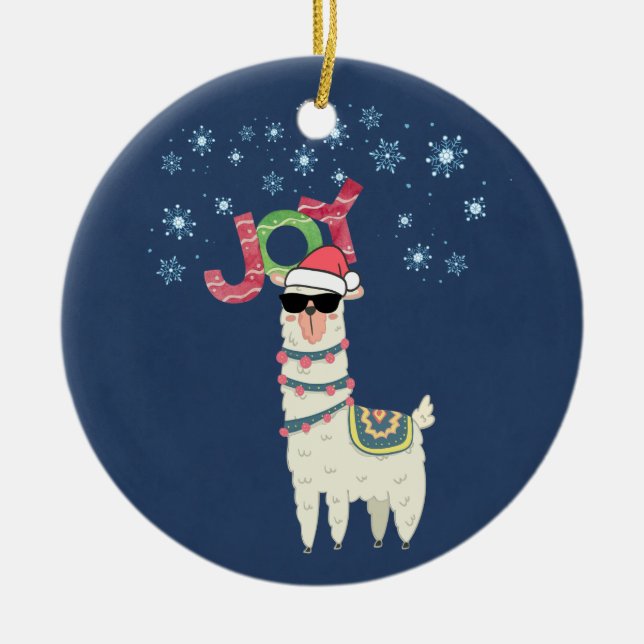 Coola Llama i Santa Hat med Snöflingor jul Julgransprydnad Keramik (Framsidan)