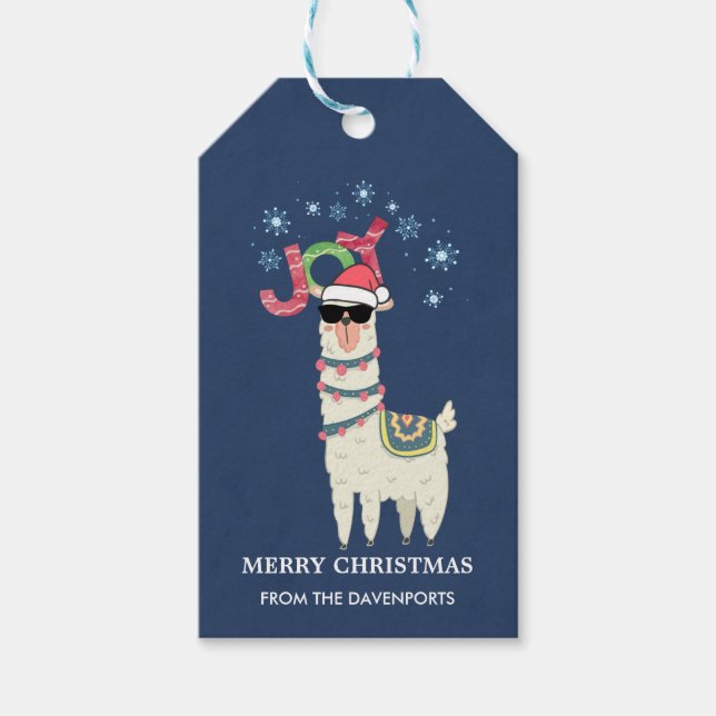 Coola Llama i Santa Hat med Snöflingor jul Presentetikett (Framsidan)