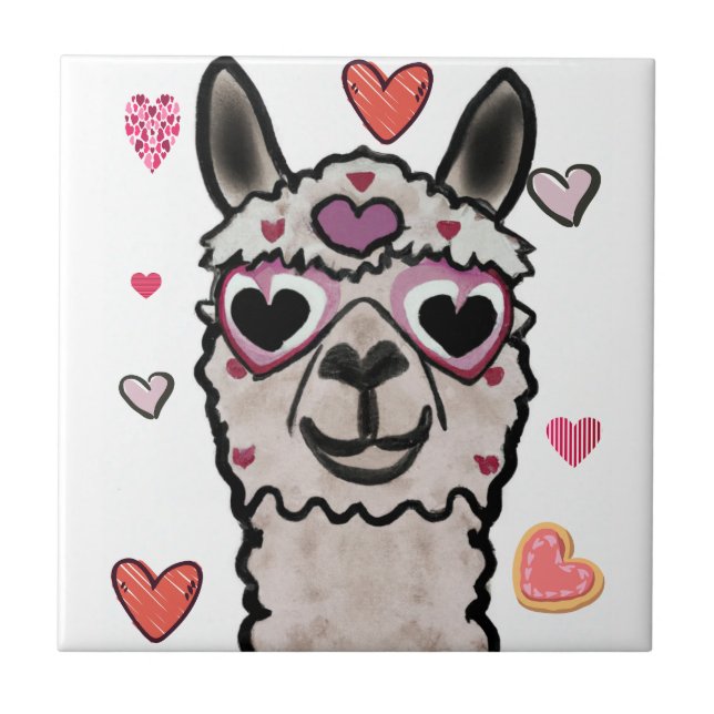 Coola Llama med hjärtglas Kakelplatta (Framsidan)