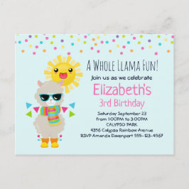 Coola Llama och Smiling Kawaii Sol Birthday Inbjudan Vykort